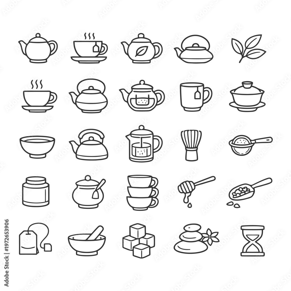 Fototapeta premium Tea icons collection: teapots, cups, leaves, and accessories in minimalist line art.