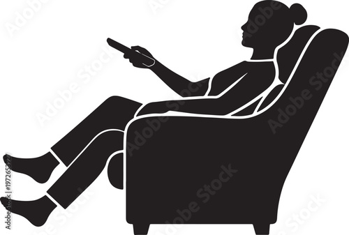 Black silhouette of a woman sitting comfortably in an armchair holding a remote control also transparent background