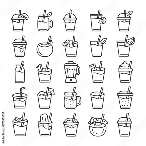 Assorted beverage icons featuring juices smoothies and mixed drinks with garnishes.
