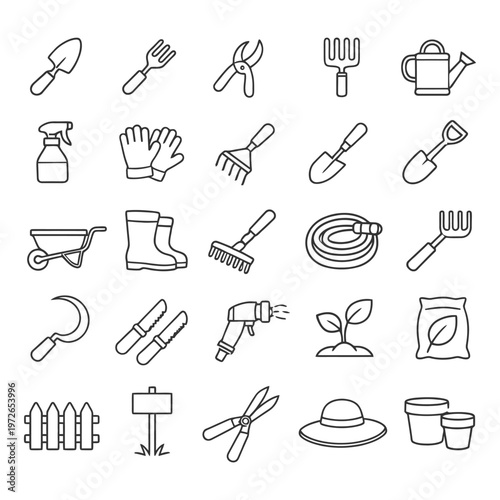 Line art garden tools collection: shovel, rake, hose, gloves, watering can.