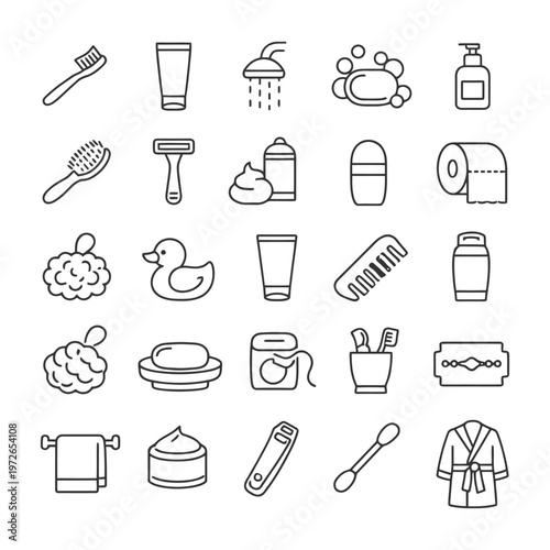 Bathroom essentials icon set featuring toiletries, hygiene products, and grooming tools.