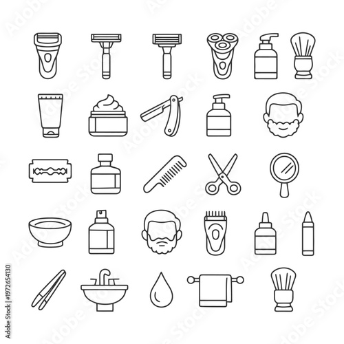 Men's grooming essentials: shavers, razors, creams, combs, and scissors collection.