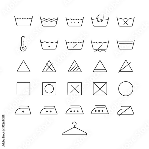 Laundry symbols guide: washing, ironing, and drying care icons.