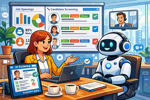 Recruitment dashboard with ai assistant supporting human resources manager during candidate screening resume review and hiring workflow on computer interface in modern office setting