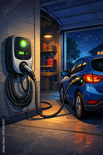 Electric vehicle charging in a residential garage at night with a wall mounted charger and illuminated car showcasing home ev power technology sustainable transport and modern mobility