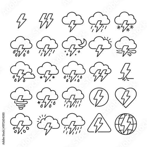 Weather icon set: clouds, lightning, rain, storm, snow symbols.