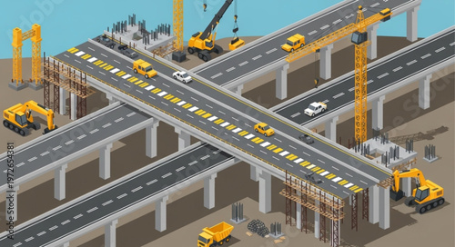 Highway overpass bridge construction with cranes and equipment.