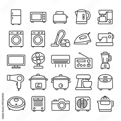 Collection of household appliance icons: kitchen and cleaning essentials.