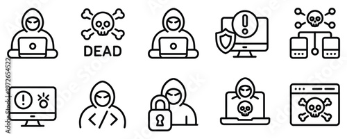 Cyber threats and hacking icons with hooded figures and security symbols
