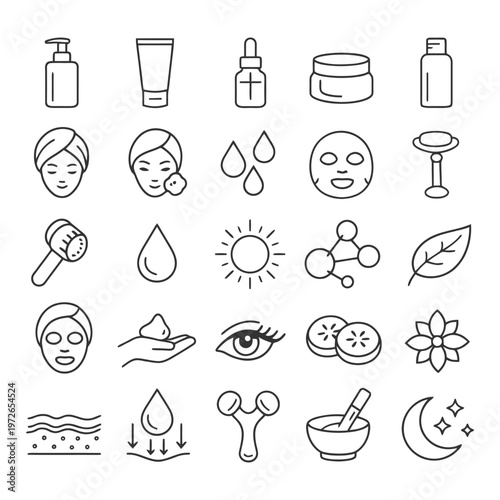 Skincare icon set featuring beauty tools and natural elements.