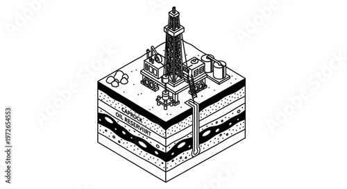 Illustration of Oil Drilling Rig and Geological Crosssection.