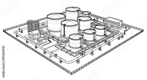 Industrial chemical plant model with storage tanks.