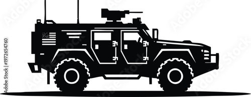 Black tactical armored vehicle silhouette with mounted machine military transport illustration for security and defense concepts isolated on white isolated on white background