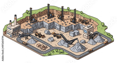 Industrial construction site with excavation machinery and heavy equipment.