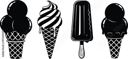 Ice cream cone silhouette, popsicle vector art, frozen dessert illustration, sweet treat design, waffle cone graphic, soft serve silhouette artwork