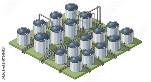 Industrial cylindrical storage tanks arranged in grid.