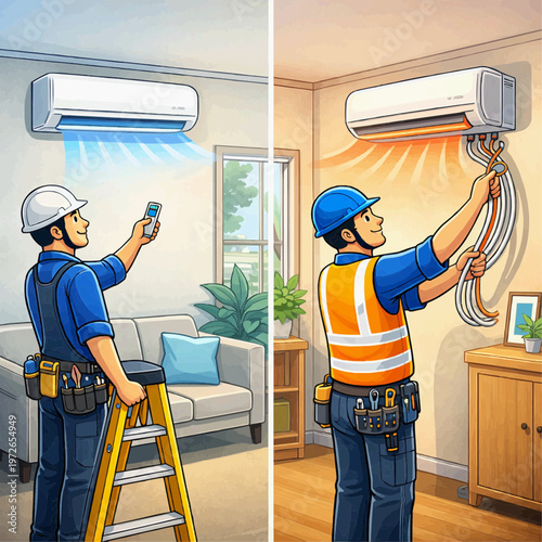 Split scene of an air conditioner technician using a remote to test cooling and installing electrical wiring during home hvac service repair maintenance and climate control system setup