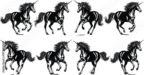 Unicorn silhouettes, mythical creature illustration, fantasy animal vector art, prancing unicorn pattern, magical horse design, decorative unicorn silhouettes, graphic fantasy artwork