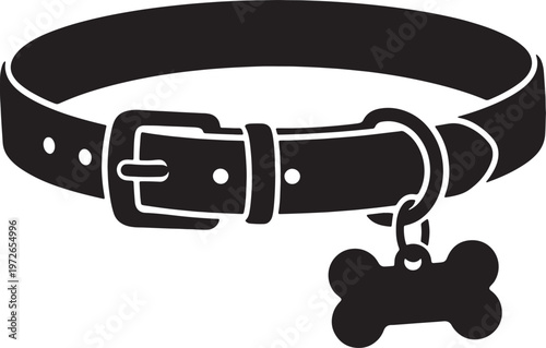 Black leather dog collar with silver buckle and bone shaped i d tag also transparent background leather collar