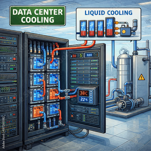 Liquid cooling system inside modern data center server room with open racks coolant pipes pumps and temperature displays illustrating thermal management for high performance computing