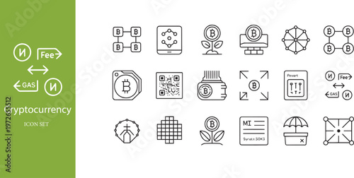 Cryptocurrency Transactions and Blockchain Technology Line Icons Set