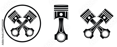 Black and white piston engine icons set on white background