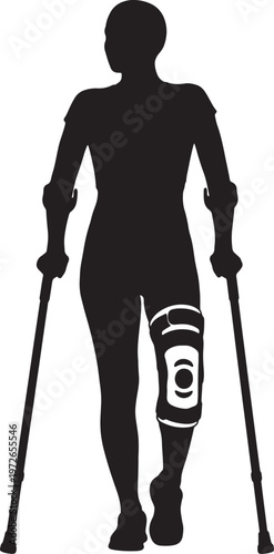 Silhouette of person with knee support and crutches also transparent background knee brace