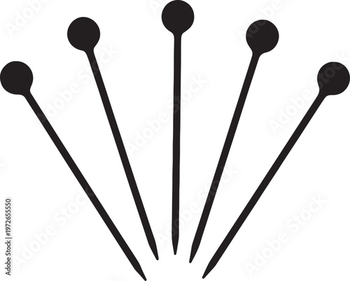Six black pins with round heads and pointed tips also transparent background sharp points straight pins