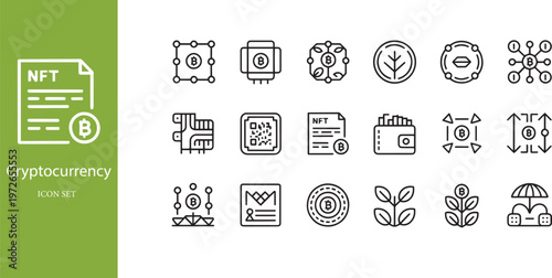 NFT and Cryptocurrency Blockchain Technology Line Icons Set
