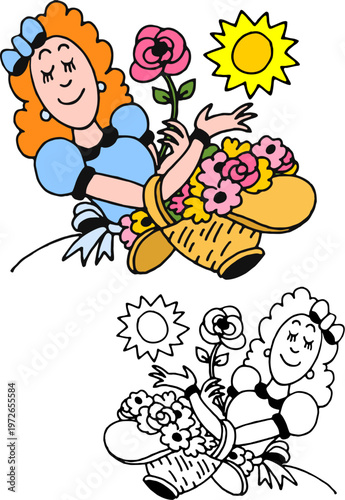 Happy lady in her flower garden, Summertime