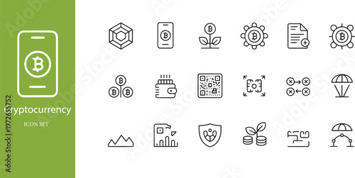 Cryptocurrency Blockchain Technology and Bitcoin Digital Finance Line Icon Set