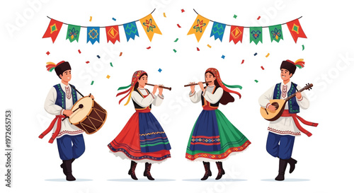 Traditional folk musicians in colorful costumes performing together during a lively public cultural street festival celebration