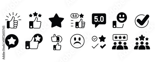 Collection of black and white rating and feedback icons for business and customer review concepts