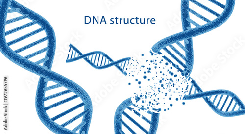 Blue double helix DNA structure illustration with abstract glowing particles, representing genetic information and scientific discovery on an isolated white background.