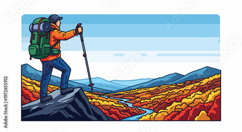 Illustration of a hiker standing on a rocky outcrop with a backpack and trekking poles, overlooking a vibrant autumnal landscape with mountains in the distance, under a clear blue sky.