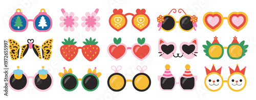 Party sunglasses vector set, groovy hippy and carnival eyewear in different funky masquerade shapes, playful and garish flat illustrations isolated for fun, humor, and party-themed design projects.