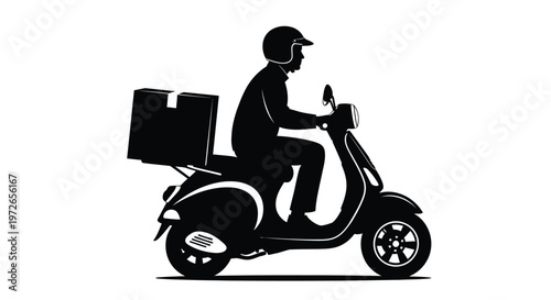 Delivery rider silhouette on a scooter transporting a package, offering swift and efficient service.