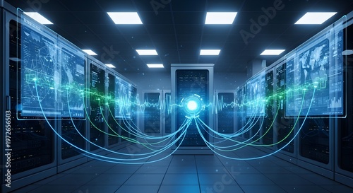 Server room with glowing digital data streams connecting to a central hub and displayed on multiple monitors with complex network analytics.