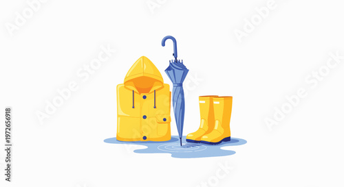 Illustration of a yellow raincoat, rain boots, and umbrella on a white background with a puddle, conveying a rainy day theme.