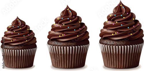 Chocolate cupcake illustration set with creamy frosting sprinkles and bakery dessert design isolated on white background sweet food collection