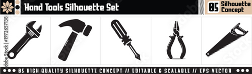 Hand Tools Silhouette Set, Black Vector Icons of Hardware Equipment for DIY and Construction