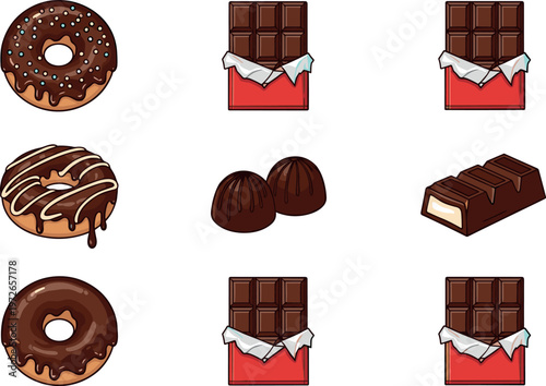 Chocolate dessert collection with donuts bars truffles and sweets illustration set for bakery menu design and confectionery branding