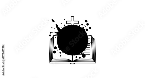 A book with a cross and a black circle