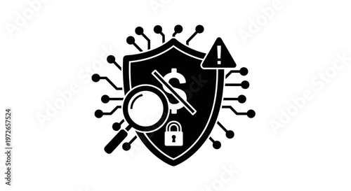 Black shield icon with security symbols.