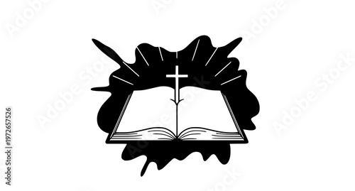 A black and white illustration of an open book with a cross on top