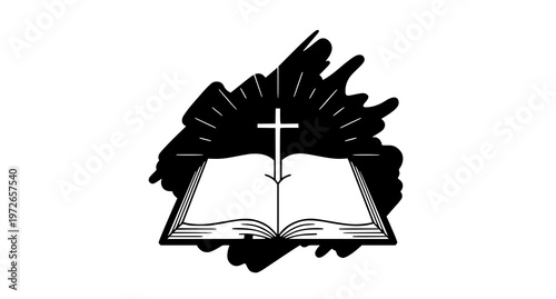 A black and white icon of an open holy bible with a cross