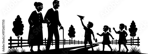 Countryside family scene with elderly couple walking together, children playing with paper airplane, wooden fence, trees, grass path, intergenerational leisure, rural heritage