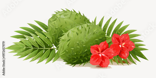 A vibrant illustration of prickly pear cactus and red flowers