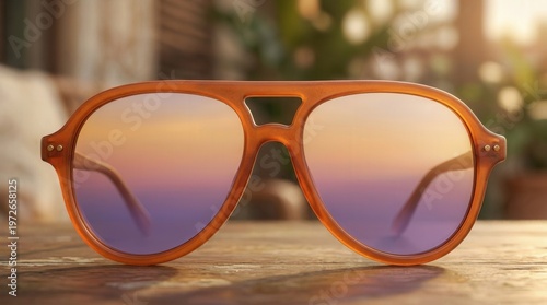 Stylish Sunglasses with Purple Reflective Lenses on Wooden Surface at Sunset