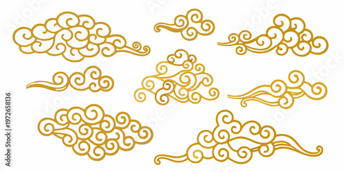 Golden asian cloud swirls and decorative elements on a white background